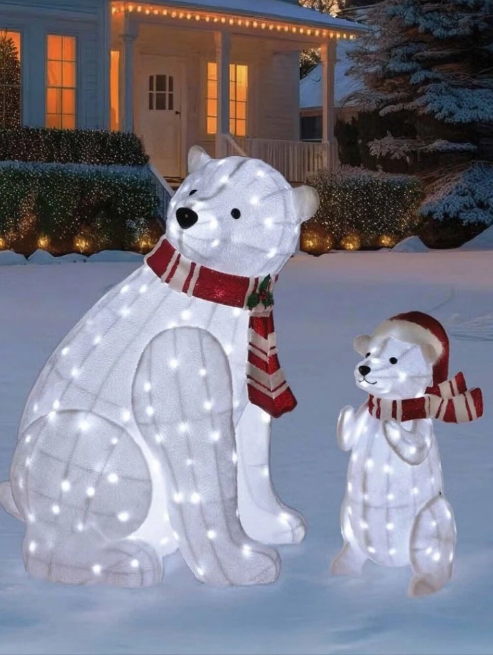 Set of 2 Christmas Polar Bears 4' & 2.6' - 270 LED Lights 27 Twinkle Scarf Hat